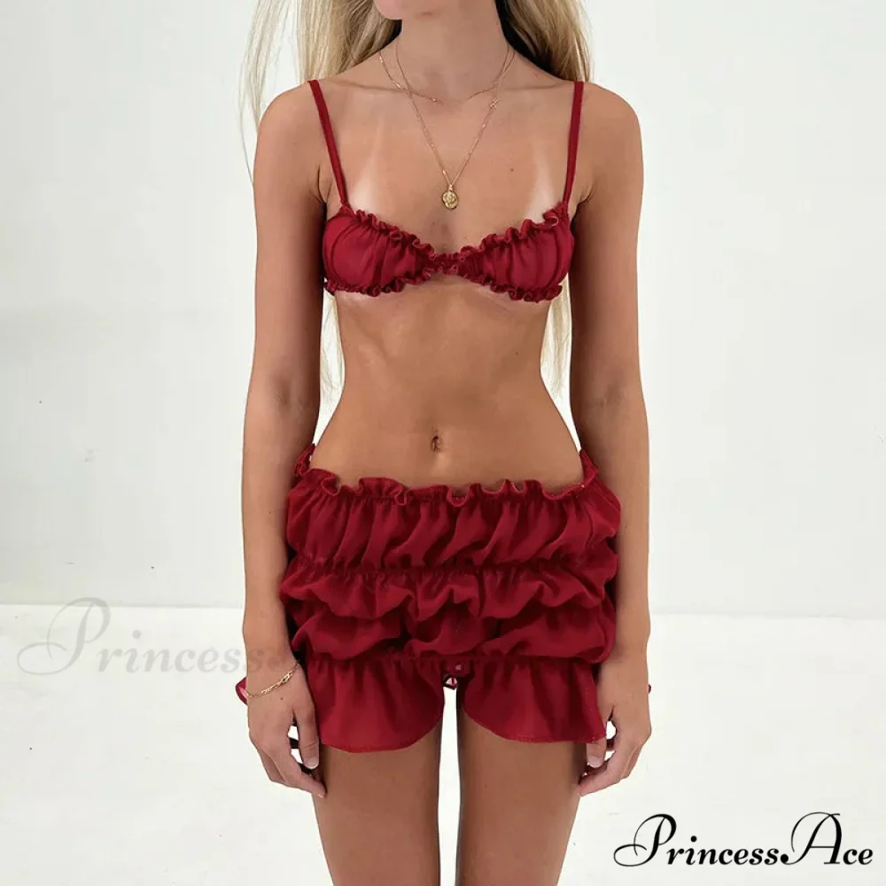 Ruched Bralette and Low Graceful Waist Mini Skirt Set