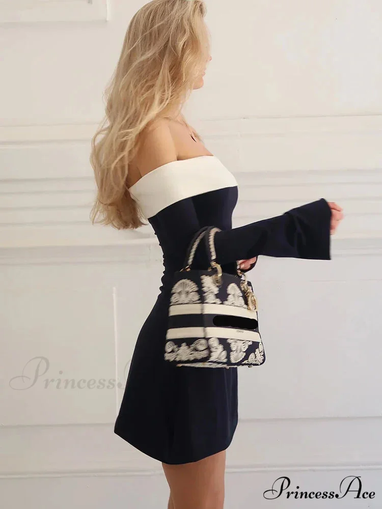 Off-Shoulder Colourblock Long Charming Sleeve Mini Dress - Image 9