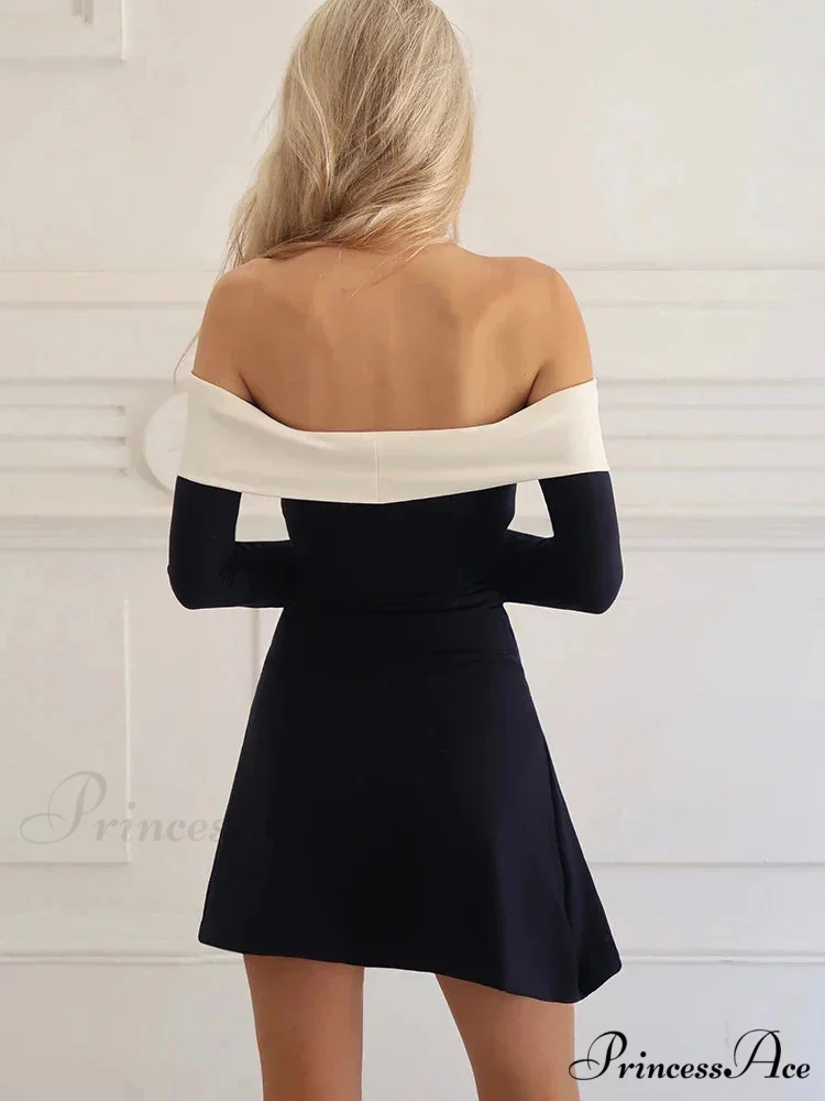Off-Shoulder Contrast Long Charming Sleeve Mini Dress - Image 3