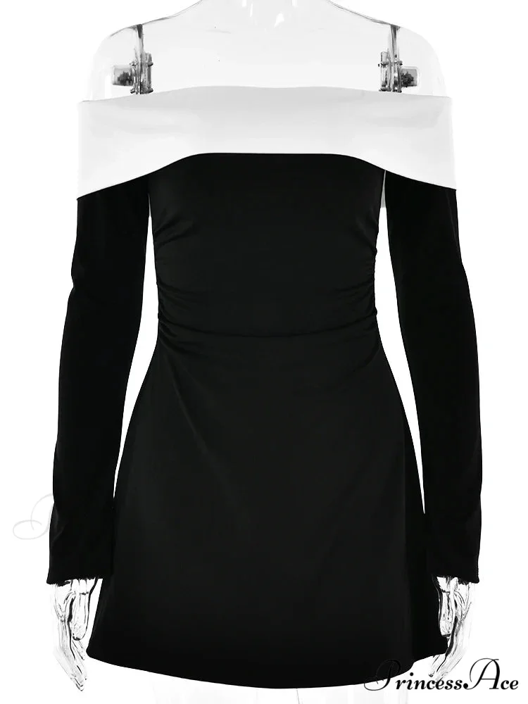 Off-Shoulder Contrast Long Charming Sleeve Mini Dress - Image 6