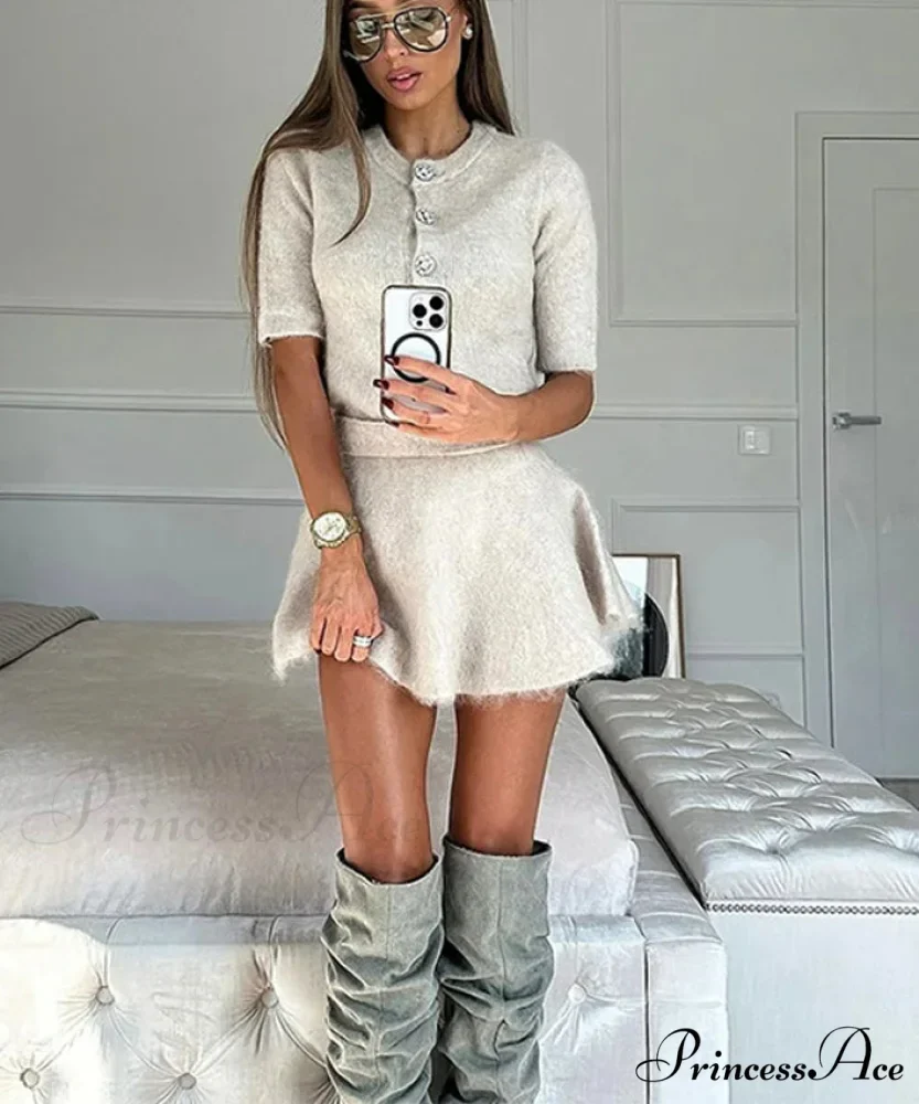Warm Knitted Pleated Mini Skirt Workplace Two Piece Set
