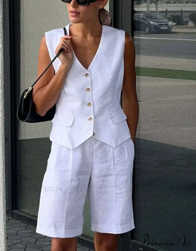 White Cotton Deep Neck Knee Shorts Office Two Piece Set