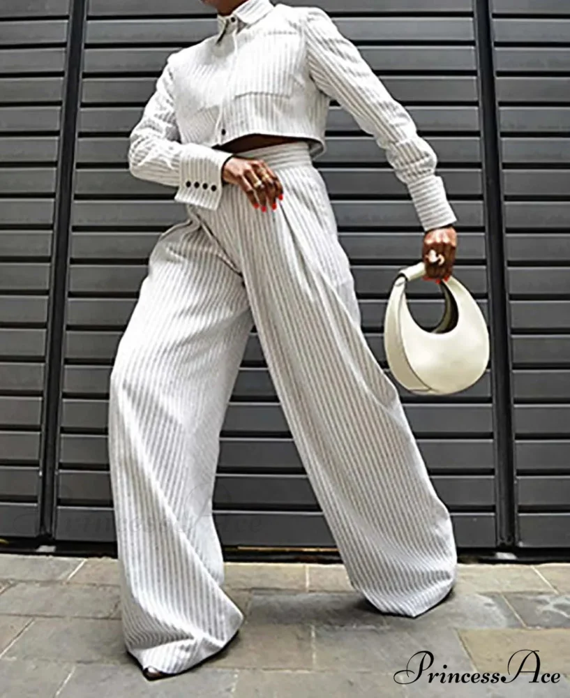White Printed Pockets Straight Trousers Work Two Piece Set